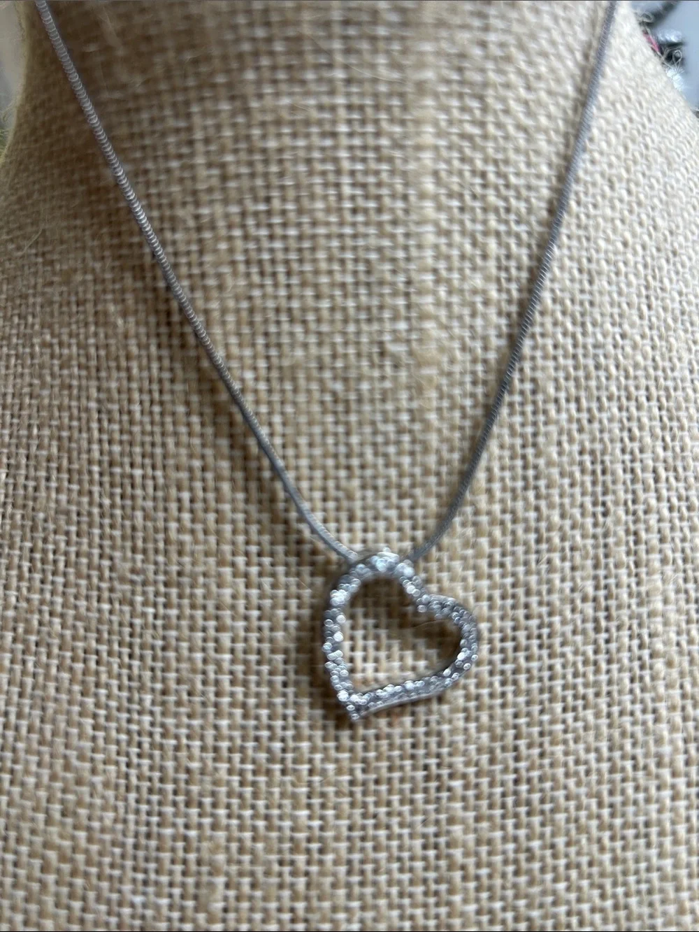 Sterling Silver Heart Pendant Necklace - Clear Crystal zirconia Accents